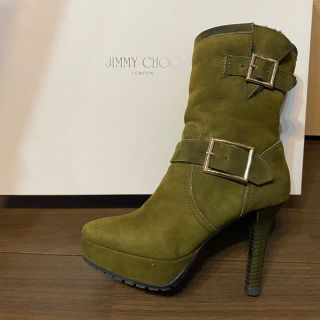 ジミーチュウ(JIMMY CHOO)のジミーチュウ　ムートンブーツ  スエード ヒール　35.5 箱付き 定価14万(ブーツ)