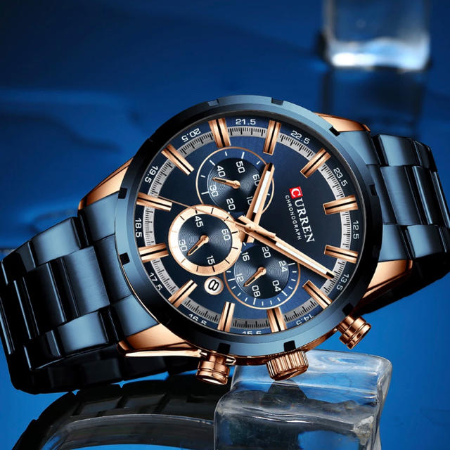 【新品】メンズ 高級腕時計 ブルー　クロノグラフ　スチールバンドの通販 by ケベク's shop