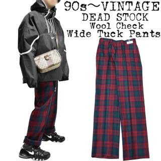 ★新品★90s VINTAGE★ウール チェックパンツ★ワイドパンツ★赤 緑★(スラックス)