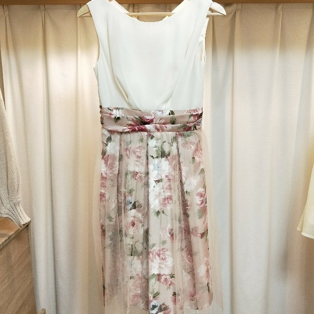 無地×花柄プリント・チュールスカートドレス