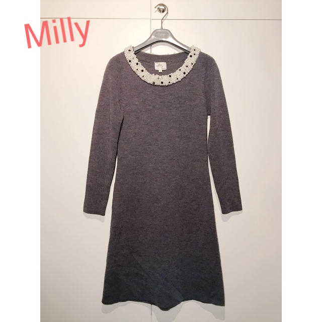Milly(ミリー)のMilly ミリー パール ビジュー カラー ウール ニット ワンピース レディースのワンピース(ひざ丈ワンピース)の商品写真