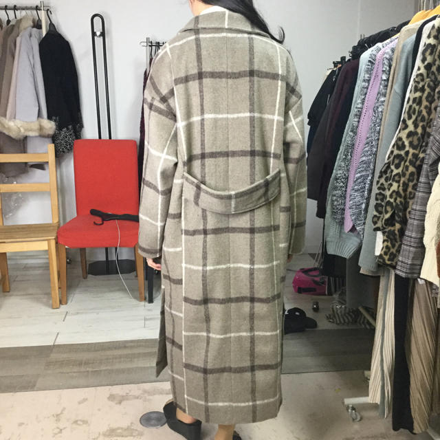 サイドスリット入りチェックロングコート 3597 モカ