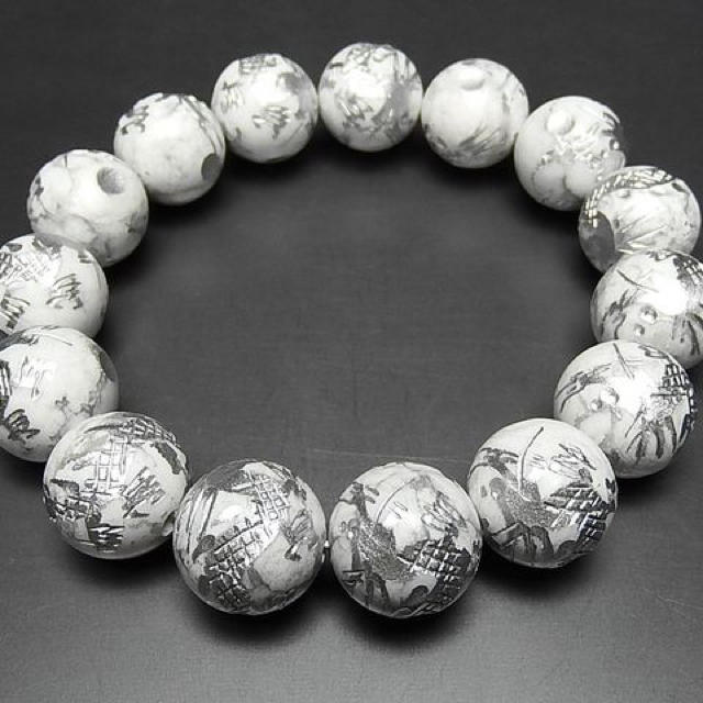 開運天然石4Aホワイトターコイズ昇龍手彫り銀箔約14ミリ数珠ブレスレット
