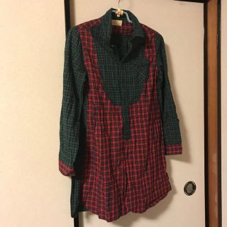 ヘザー(heather)のバイカラー　チェック 　ロングシャツ　ワンピース　チュニック 赤×緑(シャツ/ブラウス(長袖/七分))