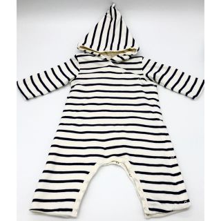 プチバトー(PETIT BATEAU)のプチバトー 中綿入り フード付 ボーダーロンパース 美品(ロンパース)