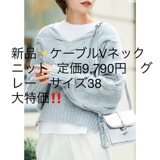 ルクールブラン(le.coeur blanc)の新品✨ケーブルVネックニット  定価9,790円　グレー　サイズ38 (ニット/セーター)