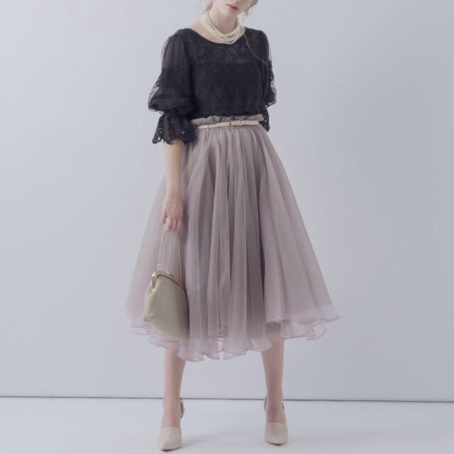 la belle Etude(ラベルエチュード)の【Odette】チュールスカート　くすみピンク　ピンク×グレー レディースのスカート(ひざ丈スカート)の商品写真
