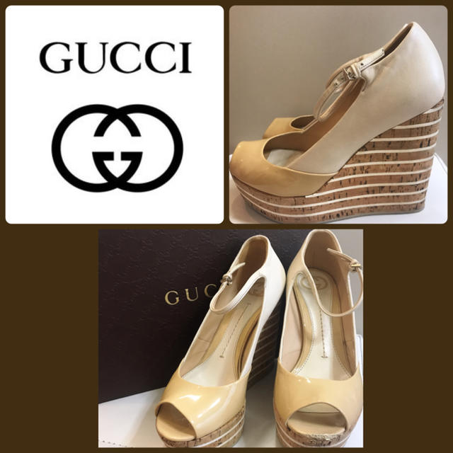 Gucci - GUCCI ベージュレザー  コルクウエッジ  サンダルの通販 by tonashoes  年末年始発送可能♡