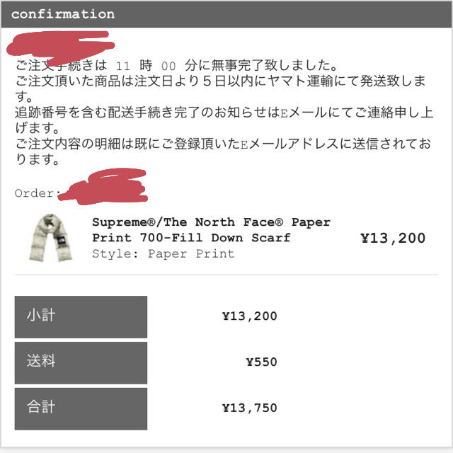 納品書原本 Supreme/The North Face Down Scarf