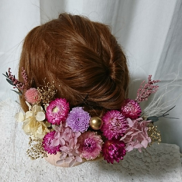 結婚式 卒業式 和装 ドライフラワー ヘッドドレス 髪飾り❁ 桃 金 成人 