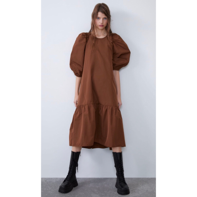 新品☆ZARA ザラ ボリュームミディ丈ワンピース xs brown