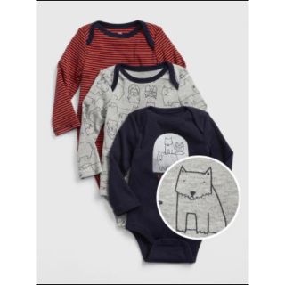 ベビーギャップ(babyGAP)の新品　【baby Gap(ギャップ)】長袖ボディ　3枚セット　動物(肌着/下着)