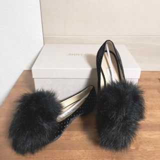 ジミーチュウ(JIMMY CHOO)のJIMMY CHOO ブラックフラットファーパンプス(バレエシューズ)