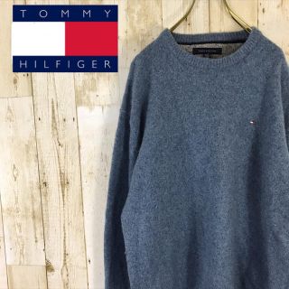 トミーヒルフィガー(TOMMY HILFIGER)のトミーヒルフィガー ウールセーター ラムウール ネップ混 くすみブルー 刺繍ロゴ(ニット/セーター)