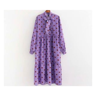 ザラ(ZARA)の901★レトロ パープル 水玉 ドット リボン ワンピース(ひざ丈ワンピース)