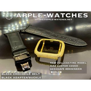 アップルウォッチ(Apple Watch)の金x黒■アップルウォッチゴールドカスタムベゼル■クロコベルトセット(レザーベルト)