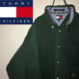 トミーヒルフィガー(TOMMY HILFIGER)の【激レア】トミーヒルフィガー☆刺繍ロゴ入りグリーンオックスフォードシャツ 90s(シャツ)