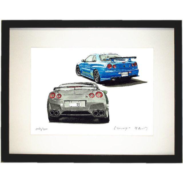 美術品/アンティークNC-279 GT-R R34/R35限定版画 直筆サイン額装●作家 平右ヱ門