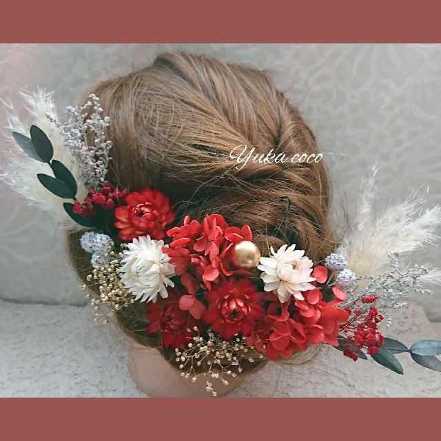 和装 ドライフラワー ヘッドドレス 髪飾り❁¨̮赤 成人式 結婚式 卒業式