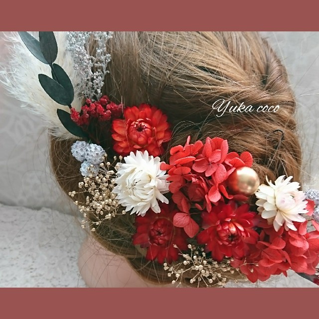 和装 ドライフラワー ヘッドドレス 髪飾り❁¨̮赤 成人式 結婚式 卒業式 ...
