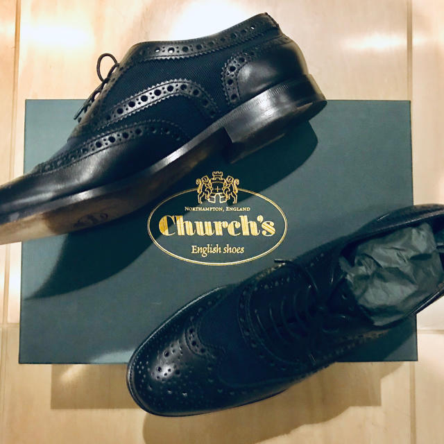 チャーチ Church's レザー×キャンバス 紺 ウイングチップ