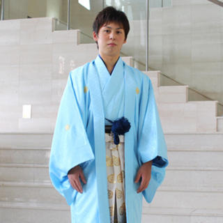 成人式 卒業式 袴 男物羽織袴紋付１４点フルコーディネートセット 水色010(着物)
