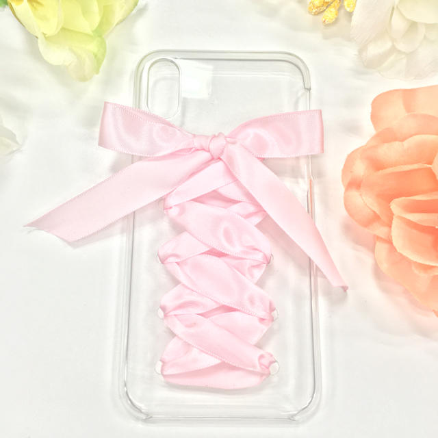 スマホケース iPhoneXピンク桜メルヘンパステルカラーリボン乙女編み上げ ハンドメイドのスマホケース/アクセサリー(スマホケース)の商品写真