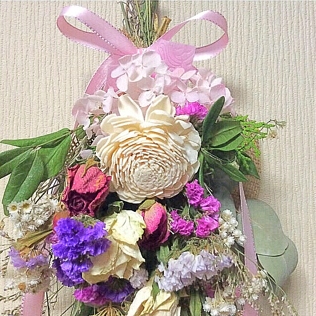 、❤️ドライフラワー スワッグ❤️ユーカリ、薔薇、紫陽花、スターチス39cm ハンドメイドのフラワー/ガーデン(ドライフラワー)の商品写真