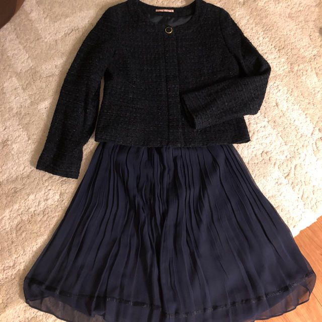 スーツ 卒業式 入学式　濃紺ツイードジャケット プリーツフォーマル/ドレス