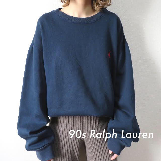 激レア 90s ラルフローレン 刺繍ロゴ モックネック ネイビー スウェット