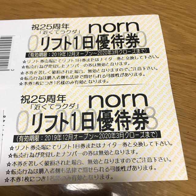 施設利用券ノルン水上スキー場 リフト１日券 ２枚 - スキー場