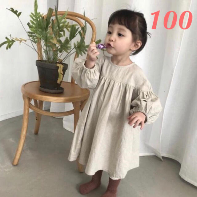 ふんわりコットンリネンワンピース ベビー★新品★100 キッズ/ベビー/マタニティのキッズ服女の子用(90cm~)(ワンピース)の商品写真