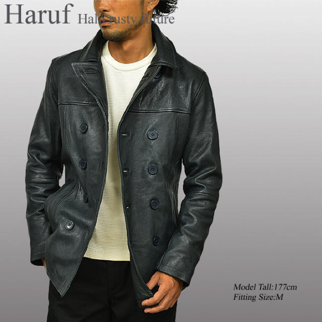 Haruf  ハルフレザー 本革 ピーコート レザージャケット ネイビー メンズのジャケット/アウター(ピーコート)の商品写真