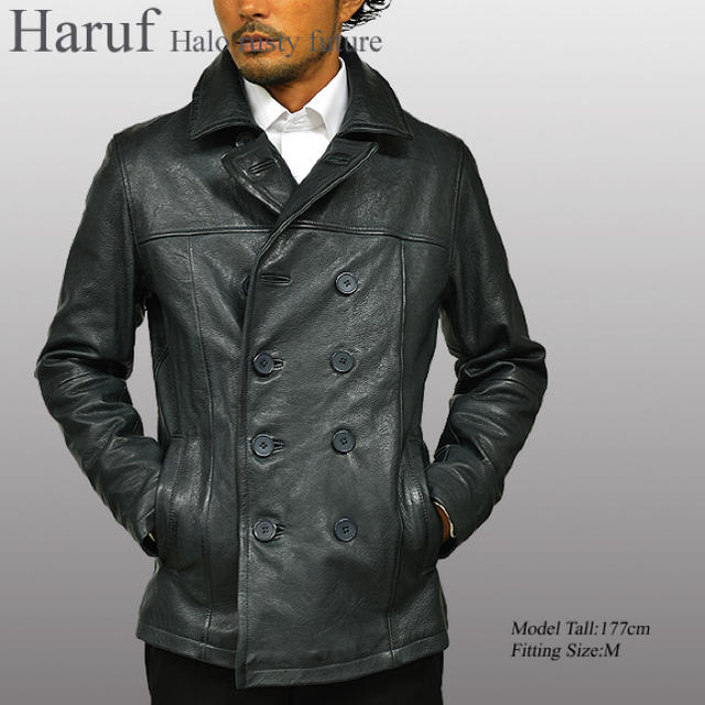 Haruf  ハルフレザー 本革 ピーコート レザージャケット ネイビー メンズのジャケット/アウター(ピーコート)の商品写真