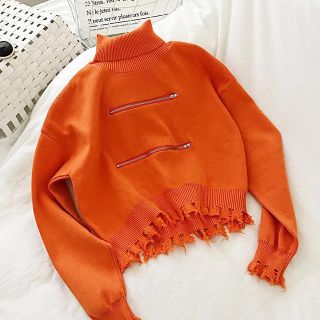 ザラ(ZARA)のニット　フリンジ  ダメージ加工　ハイネック　ショート丈　冬服　派手(ニット/セーター)