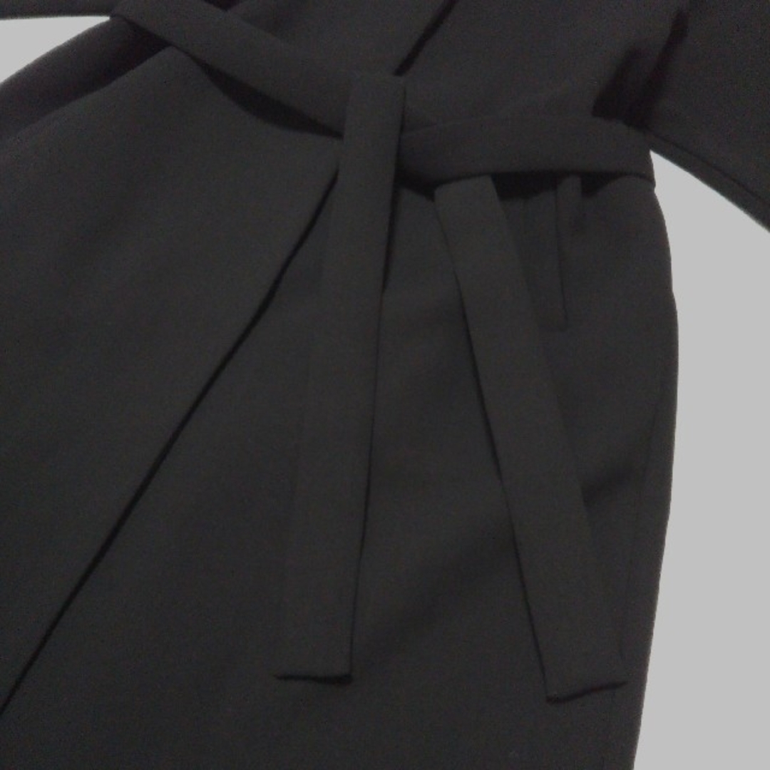 美品 ノーカラー ロングコート 黒 S シンプル ウエスト リボン ベルト 5