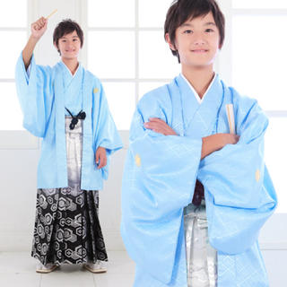 袴セット 卒業式 小学生 男 卒業式紋付羽織袴フルセット 水色地に菱文300(和服/着物)