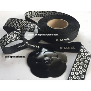 シャネル(CHANEL)のレアなシャネルリボン、カメリアステッカーセット ロゴと片面にココマークいっぱい♪(生地/糸)
