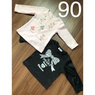 シマムラ(しまむら)の裏起毛あったか　ピンク×花柄&黒×リボン柄トレーナーセット90(Tシャツ/カットソー)