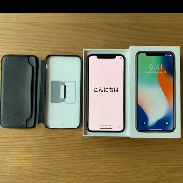 スマホ/家電/カメラiPhone X Silver 256 GB SIMフリー 純正レザーフォリオ