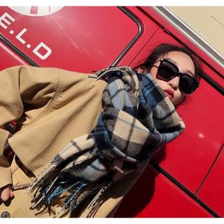 カシミア100％英国”New19FW☆Tartan-check”青紺ベージュ(マフラー/ショール)