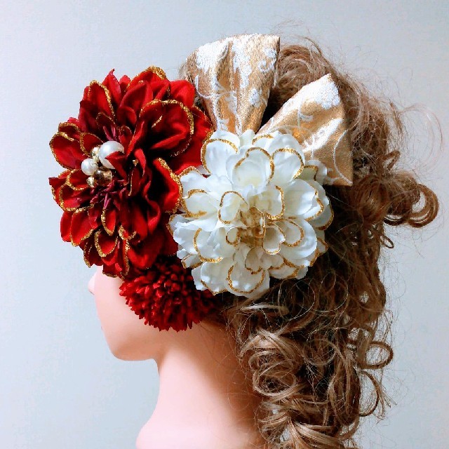 髪飾りViVi ~豪華綺麗系・赤×白×金薔薇~ 成人式 結婚式 花魁