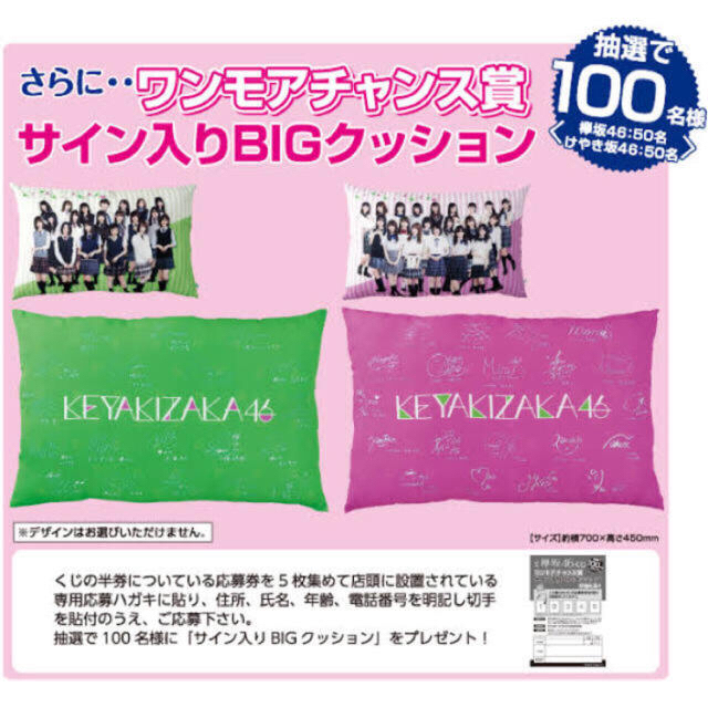 サイン入りBIGクッション「欅坂46くじ ワンモアチャンス賞キャンペーン」