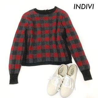 インディヴィ(INDIVI)のINDIVI インディヴィ★チェック柄 長袖ニット セーター 後ろファスナー(ニット/セーター)