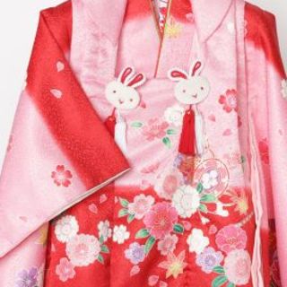 七五三 3歳 女の子 被布・着物セット 赤×ピンク うさぎ 花柄（長襦袢付