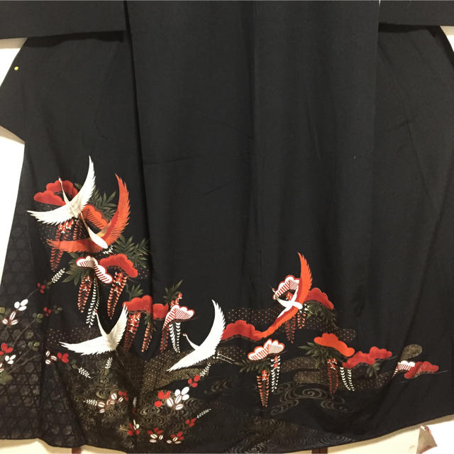 水着/浴衣留袖交織Ｌサイズ☆赤の下がり藤に白鶴