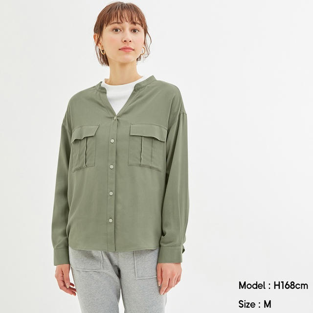 GU(ジーユー)の値下げ中 GU ワークスキッパーシャツ OLIVE XXL レディースのトップス(シャツ/ブラウス(長袖/七分))の商品写真