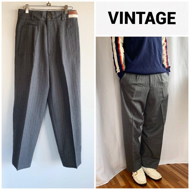 vintage黒　ワイド ストレートスラックス　ウールギャバ　インタック　W31