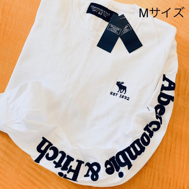 レア品★Abercrombie【M】最新作BIGロゴ袖アップリケ刺繍長袖Tシャツ