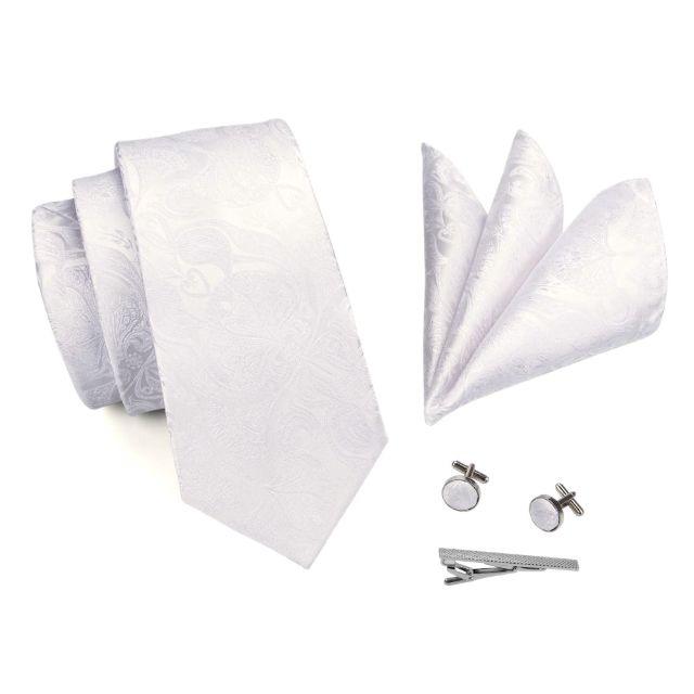 ネクタイ 4点セット ポケットチーフ カフスボタン タイピン 白色ボタニカル柄 メンズのファッション小物(ネクタイ)の商品写真